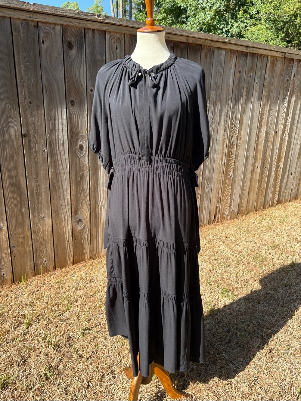 Scoop Black Tiered Maxi Dress with Ruffles Smocked Waist and Tie Neck